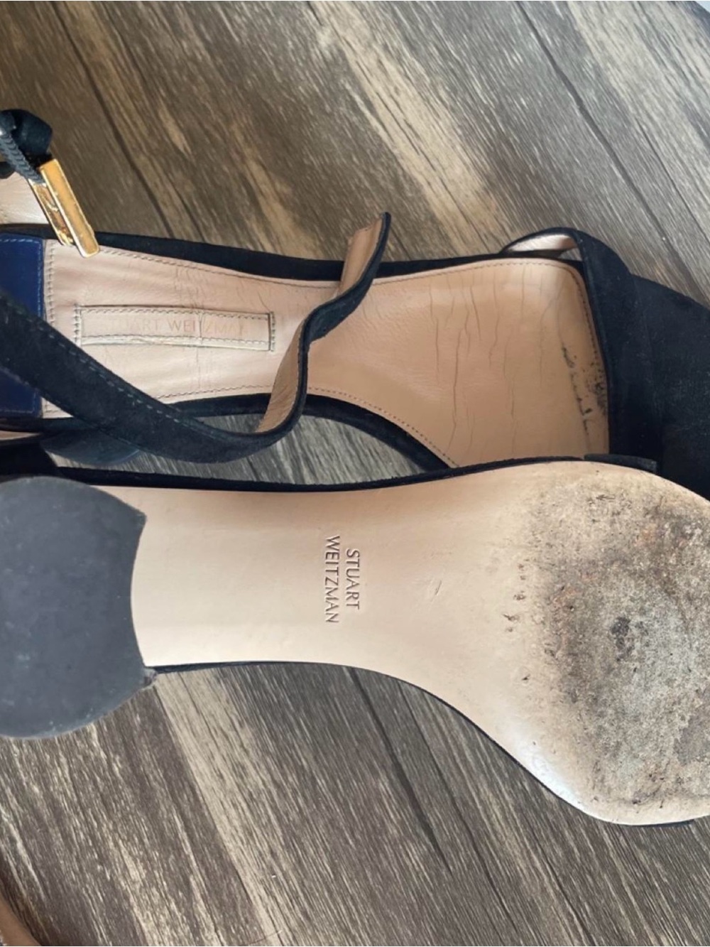 Stuart Weitzman Nearly Nude Black Suede Block Heel Sandals - Classic Ankle Strap - Picture 3 of 3